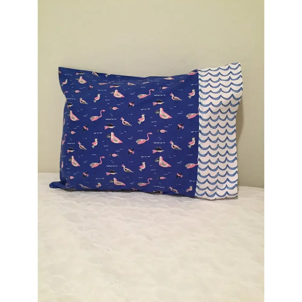 Handmade Pillowcase Set: Pink Shorebirds & Blue Waves